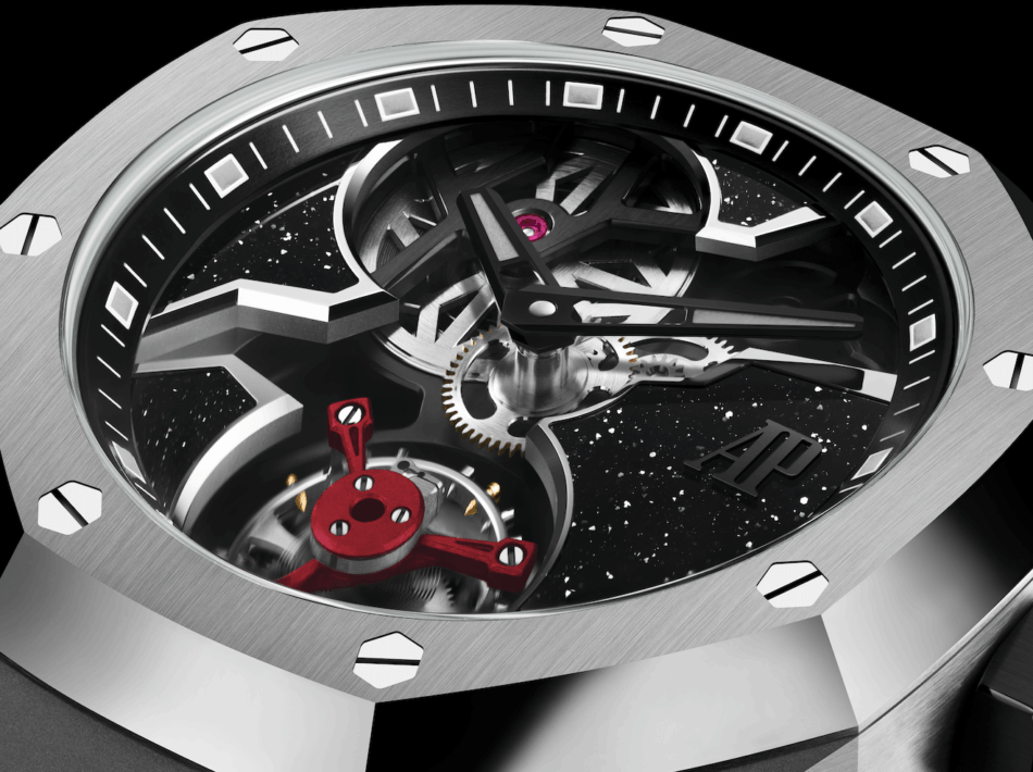 Audemars Piguet Royal Oak Concept Yoon y VerbalCARÁTULA Watches World Primer plano de Audemars Piguet Royal Oak Concept Yoon y Verbal esqueletizado en el que se aprecian los engranajes el escape rojo y una caja de metal cepillado