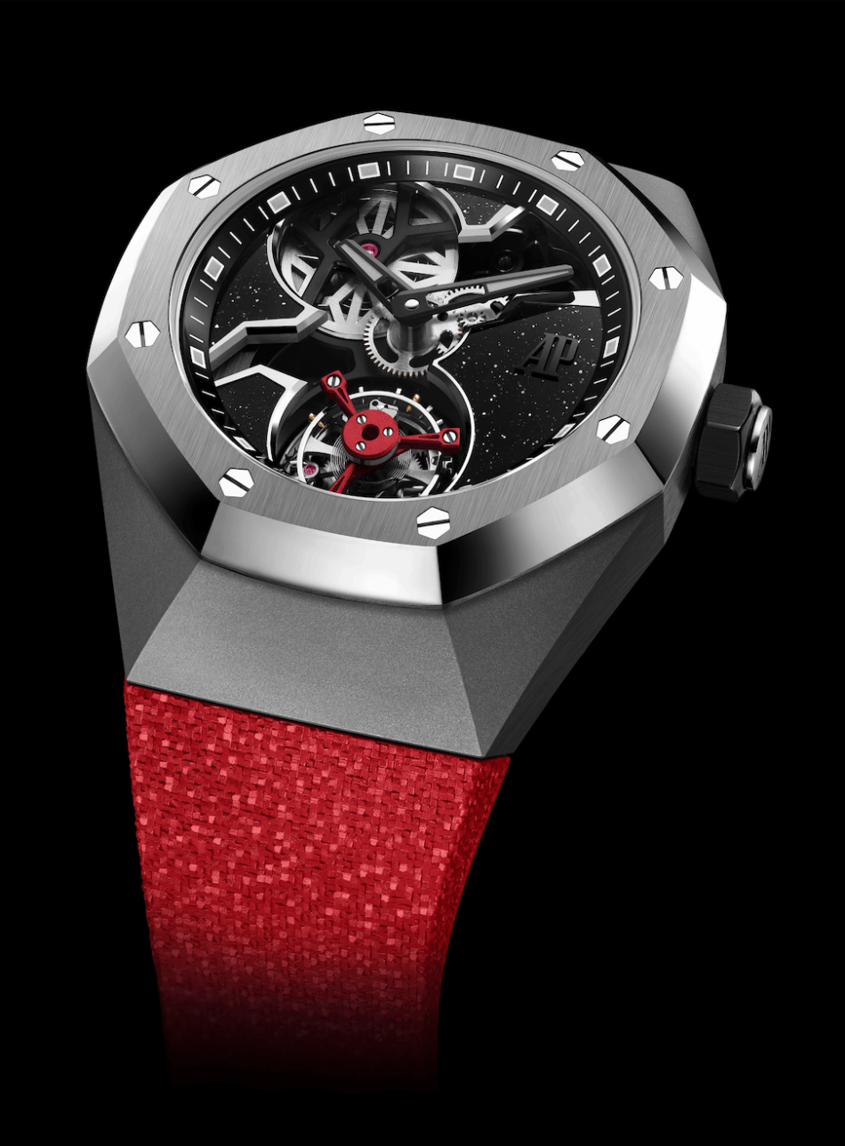 Audemars Piguet Royal Oak Concept Yoon y VerbalCOMPLETO ROJO Watches World Skeleton watch with exposed gears silver angular case black starry dial and red fabric strap