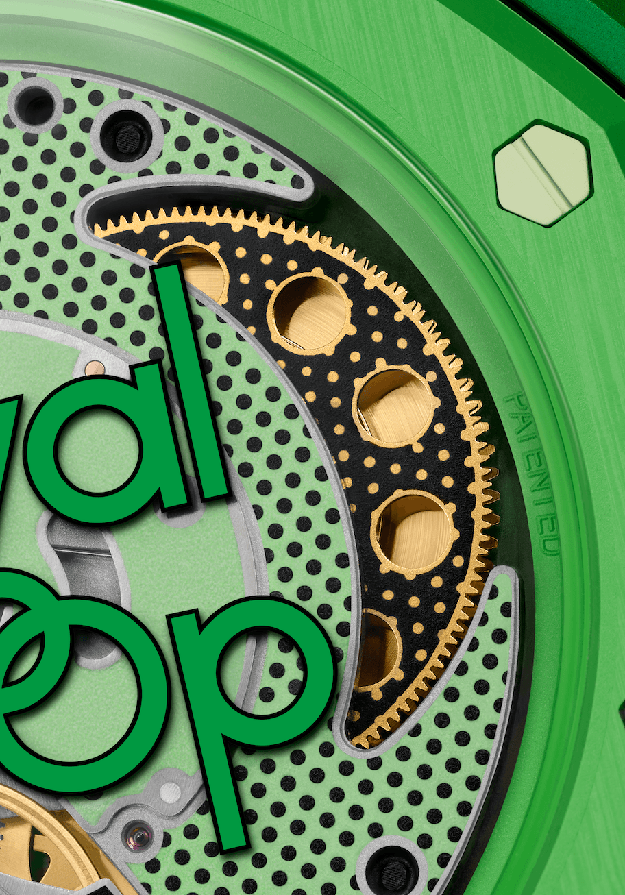 Audemars Piguet × SwatchCLOSE UP BARRILETE Watches World Close up of a green mechanical device showing gold gear teeth and perforated metal plates