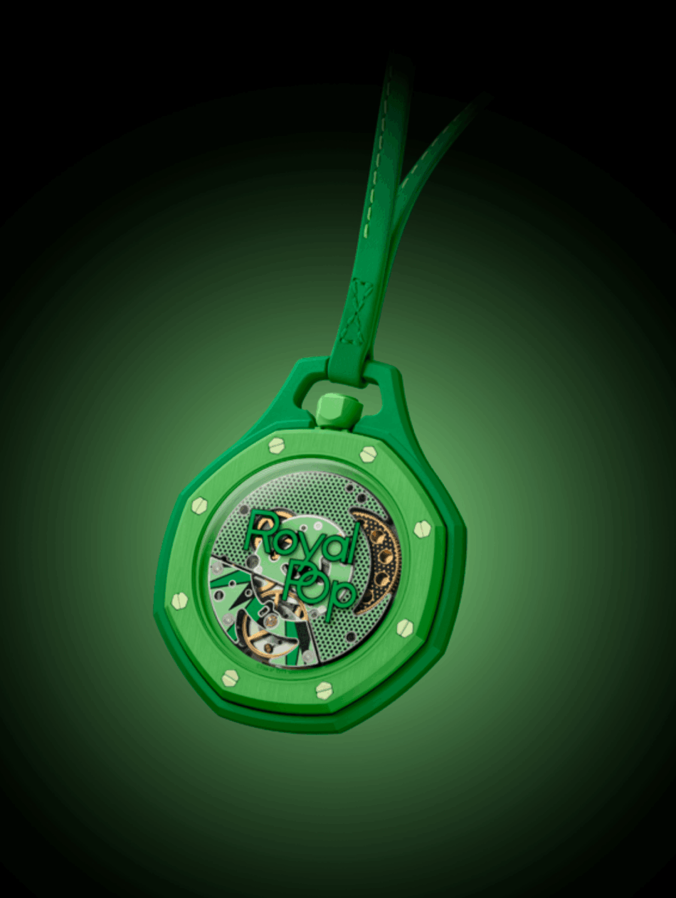 Audemars Piguet × SwatchGREEN EIGHT COMPLETO Watches World Green skeleton wristwatch with exposed gears and a matching green strap dial features Royal Pop lettering