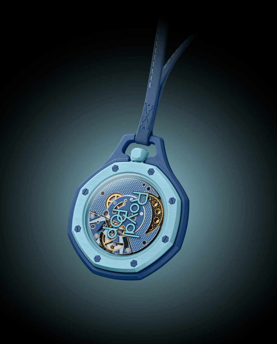 Audemars Piguet × SwatchLAN BA ATRÁS Watches World Blue skeleton pocket watch hanging from a blue strap showing the exposed gold gears inside