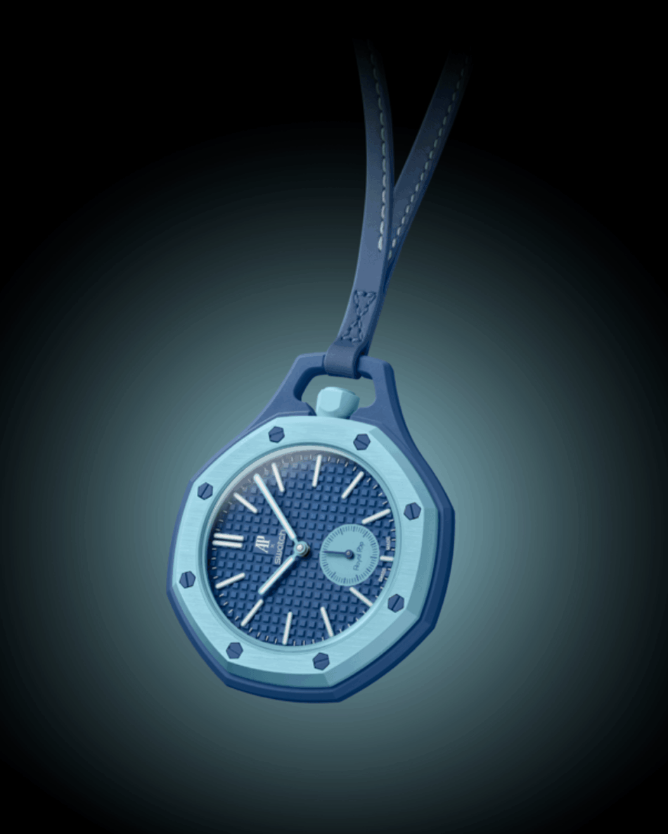 Audemars Piguet × SwatchLAN BA FRENTE Watches World Blue pocket watch on a matching blue strap hanging against a dark vignette background