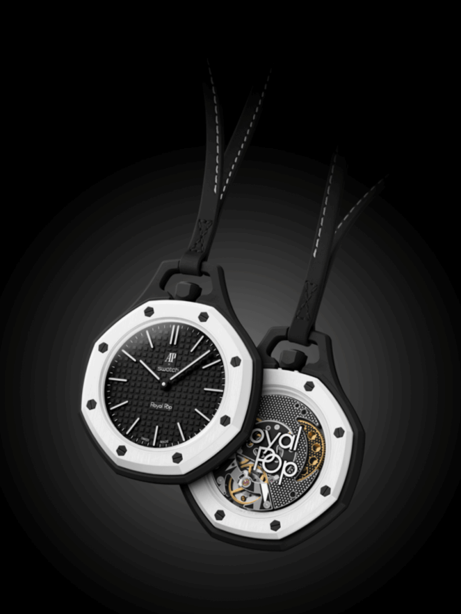 Audemars Piguet × SwatchOCHO NEGRO DUO Watches World Pair of luxury wristwatches with black dials and white octagonal bezels hanging from black leather straps against a dark gradient background