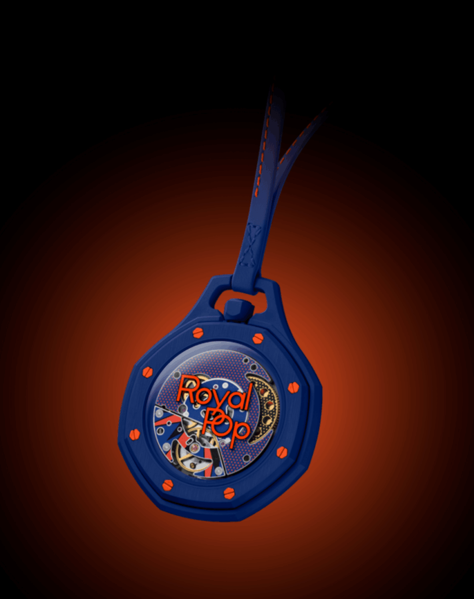 Audemars Piguet × SwatchORENJI HACHI Watches World Blue wristwatch with visible inner gears and orange accents strap dangling'Royal Pop' on the dial