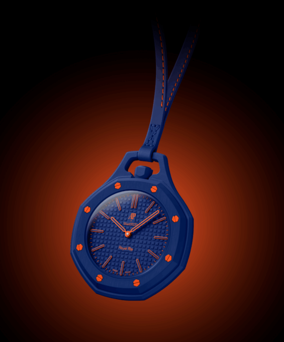 Audemars Piguet × SwatchORNEJI HACHI FFRENTE Watches World Blue pendant watch with orange hands and markers suspended by a blue strap against a dark red glow