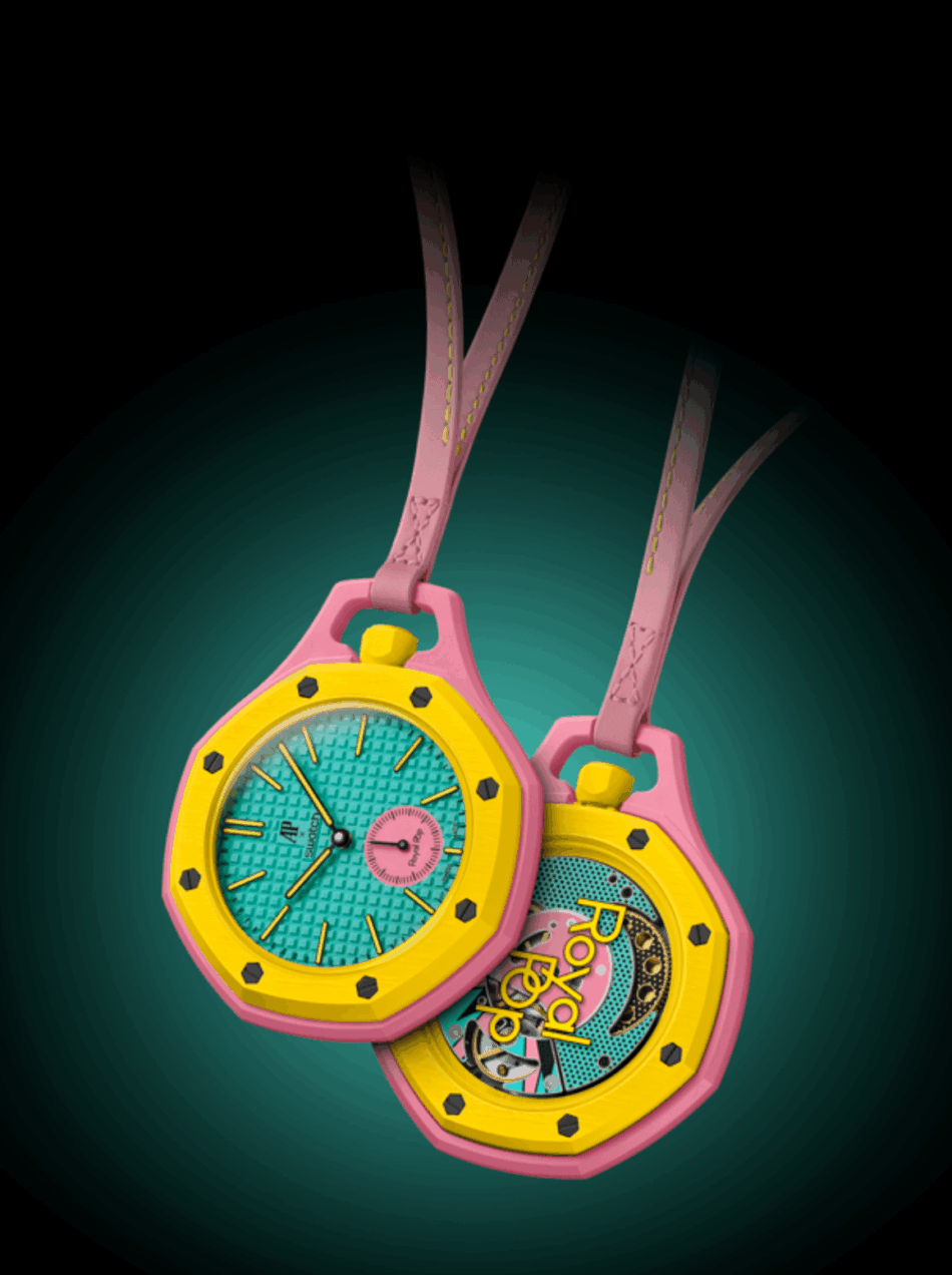 Audemars Piguet × SwatchOTG ROZ DUO Watches World Two bright fashion watches with pink straps and yellow cases teal dials suspended against a dark gradient background