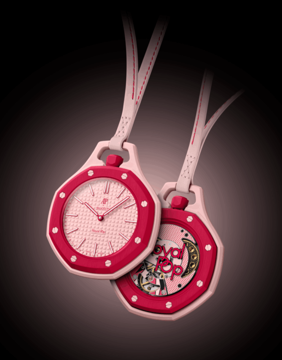 Audemars Piguet × Swatch OTTO ROSSO DUO Watches World Pair of pink watches with red bezels and pale straps one shows a textured white dial the other reveals the inner mechanism and Royal Pop artwork