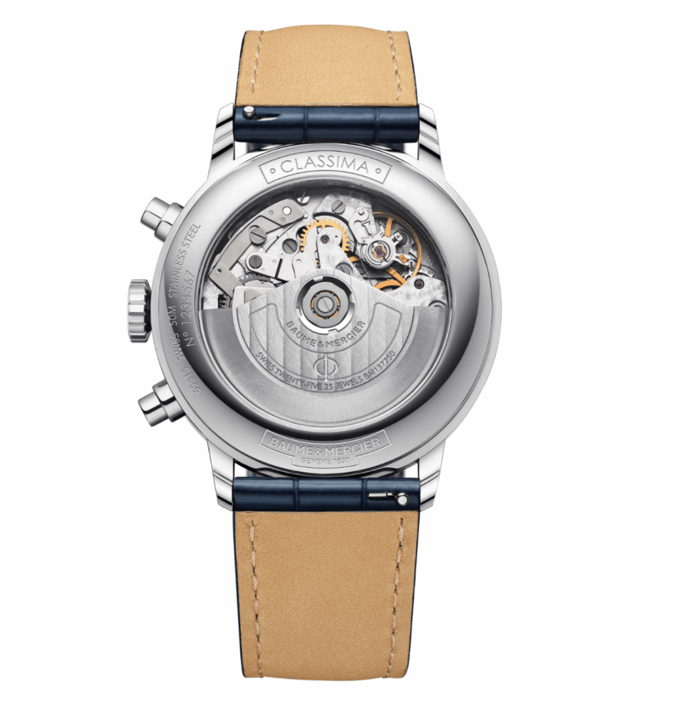 Baume Mercier Classima 10330VISTA ATRÁS Watches World Back view of a stainless steel wristwatch with a transparent case revealing the mechanical movement gears rotor jewels and a tan leather strap with blue accents Baume Mercier branding visible on the rotor edge