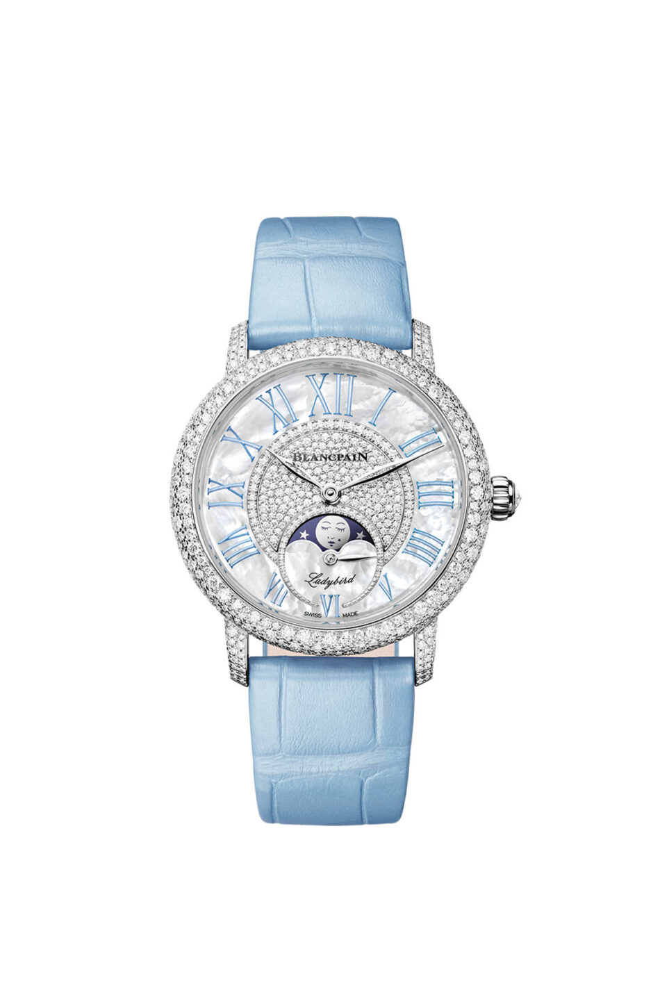 BlancpainLadybird Colors Diamond BloomFaceRGB Watches World Detalle de la carátula de nácar perlado del Blancpain Ladybird Colors Diamond Bloom azul