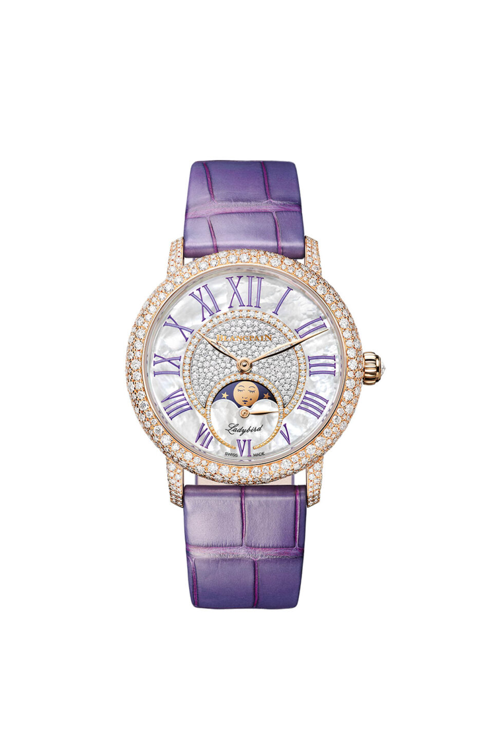 BlancpainLadybird Colors Diamond BloomFaceRGB Watches World Detalle de la carátula de nácar perlado del Blancpain Ladybird Colors Diamond Bloom lila