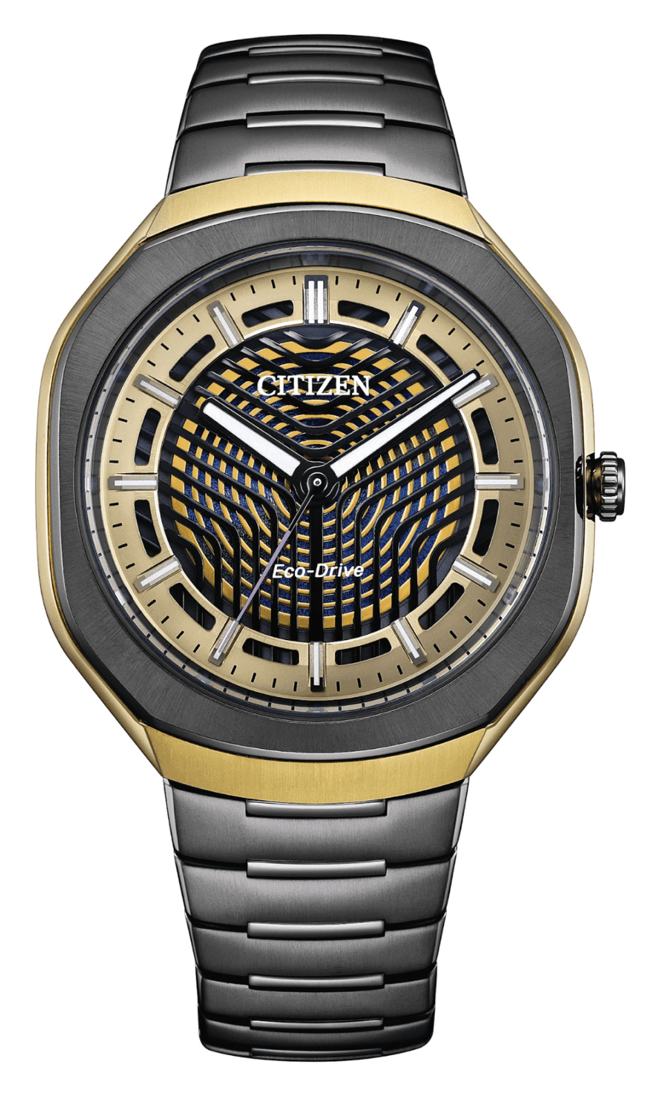 Citizen EcoDrive Photon celebra 50 aniversario 3 Watches World Citizen Eco Drive Photon Two tone Citizen Eco Drive wristwatch with a gold bezel intricate lattice dial and metal bracelet