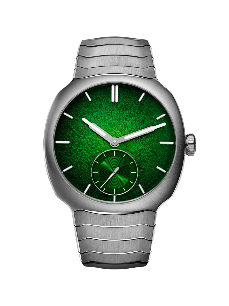 H Moser Streamliner Small Seconds Lime GreenFRENTE FONDO BLANCO Watches World Stainless steel wristwatch with a green textured dial and silver hands and markers