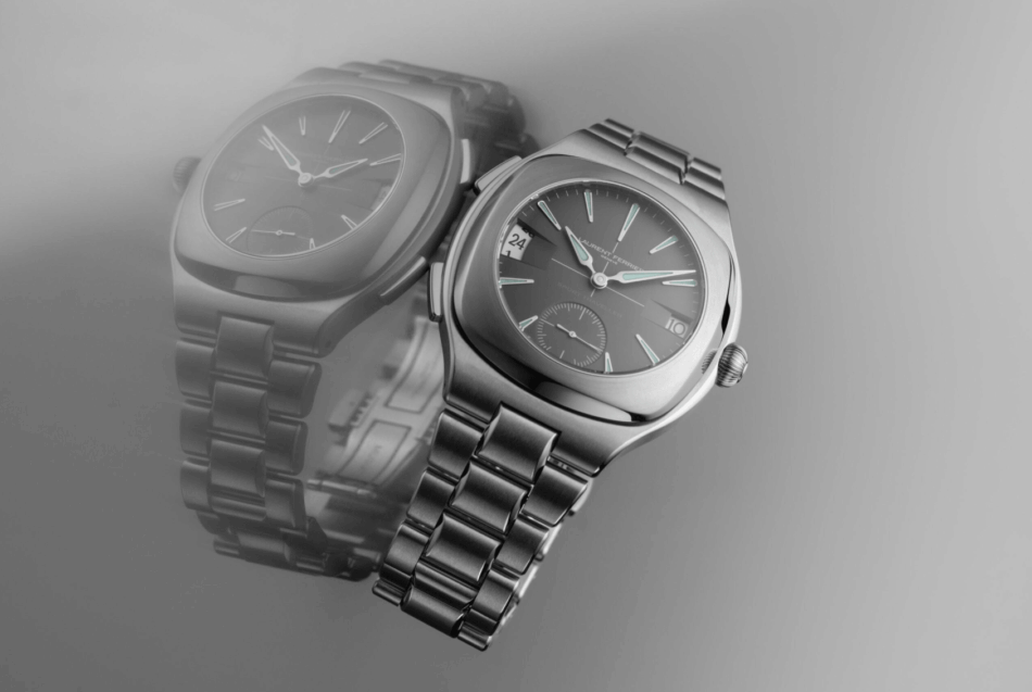 Laurent Ferrier Sport TravellerCOMPLETO HORIZONTAL Watches World Relojes de pulsera de Titanio con brazalete de eslabones se colocados en ángulo sobre un fondo gris degradado con una esfera oscura con ventanilla de fecha