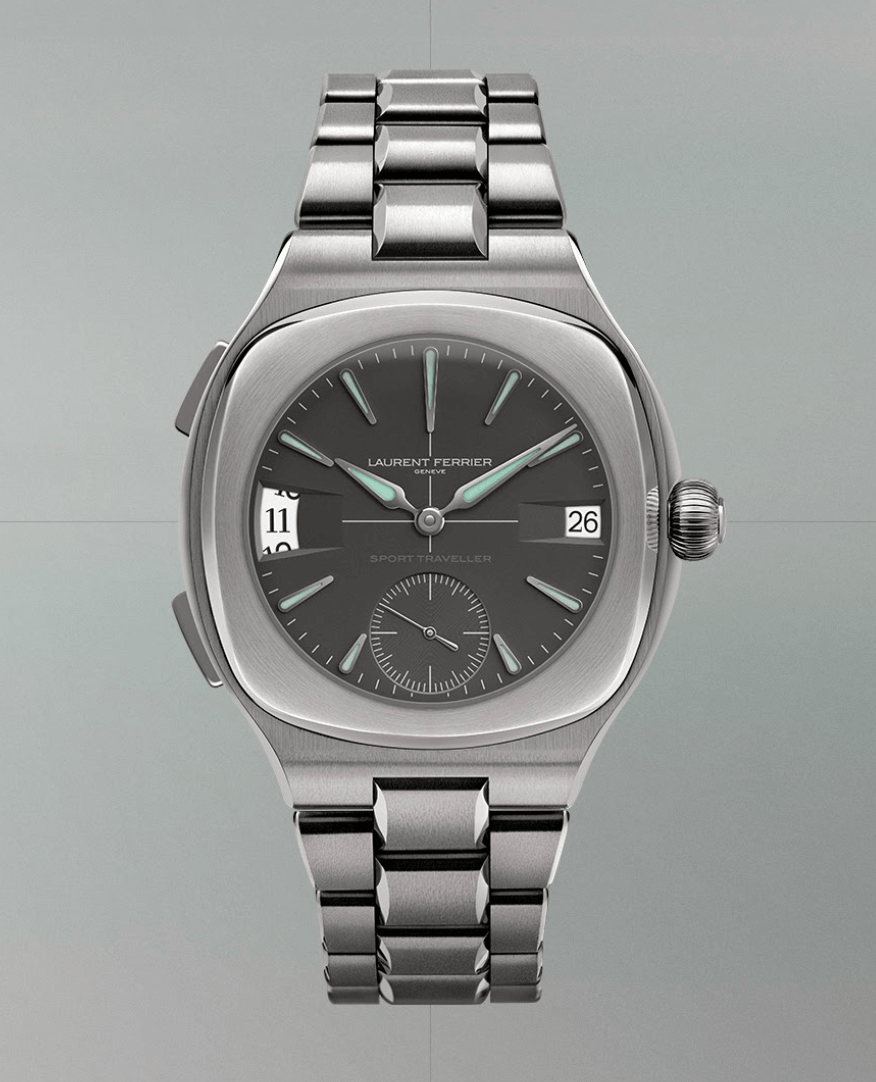 Laurent Ferrier Sport TravellerFONDO GRIS Watches World Stainless steel cushionshaped wristwatch with a dark gray dial luminescent hands and a metal bracelet features a date window and a small seconds subdial