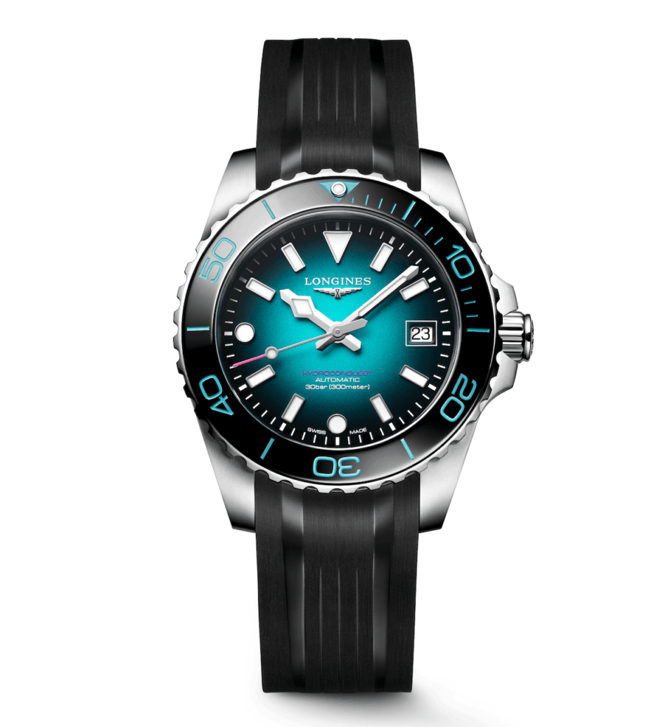 Longines HydroConquest Commonwealth Games 2026COMPLETO Watches World Reloj de buceo Longines HydroConquest con esfera verde azulado bisel negro y correa de caucho