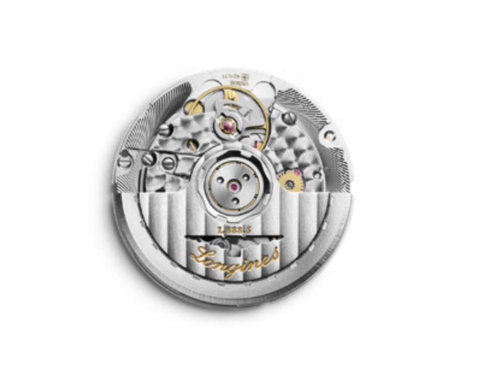 Longines HydroConquest Commonwealth Games 2026calibre L8885 Watches World Close up of a silver watch movement with gears and screws featuring the gold Longines signature
