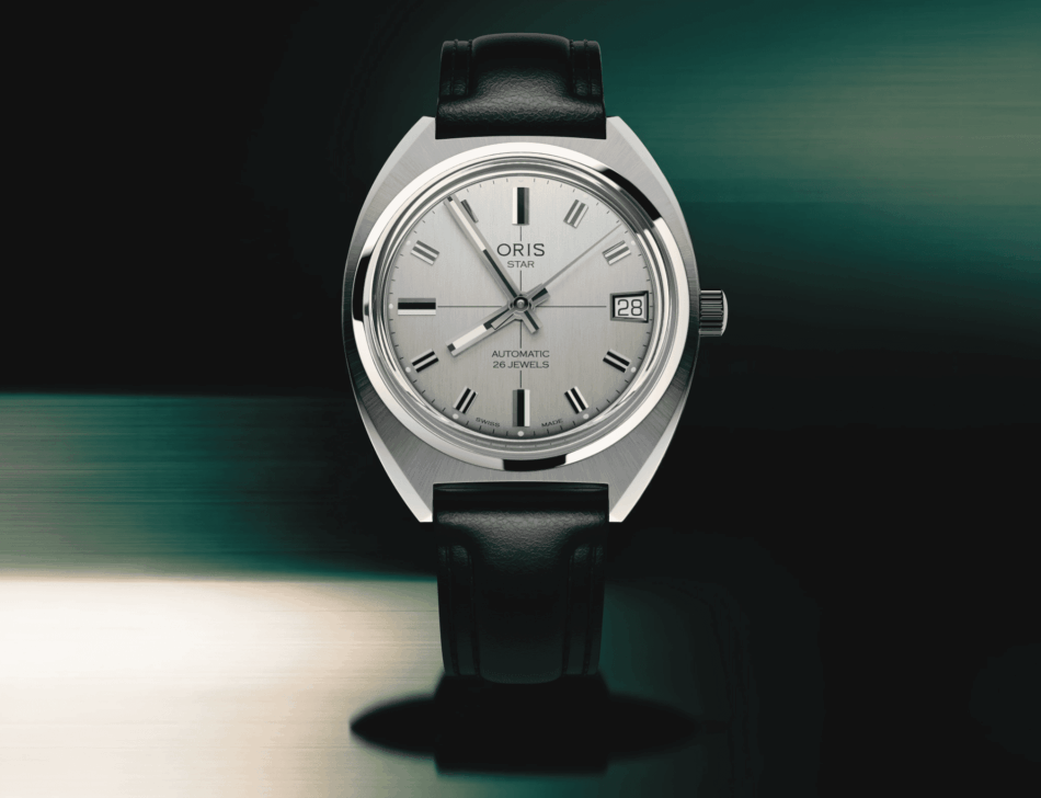 ORIS STAR EDITION Watches World Oris Star automatic wristwatch with silver dial date window at 3 o'clock, and black leather strap.