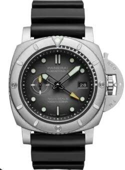 Panerai Submersible diver's watch with black dial and luminous markers, stainless steel case, and black strap.