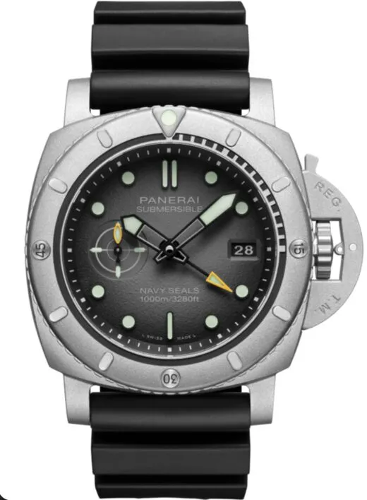 Panerai Submersible diver's watch with black dial and luminous markers, stainless steel case, and black strap.