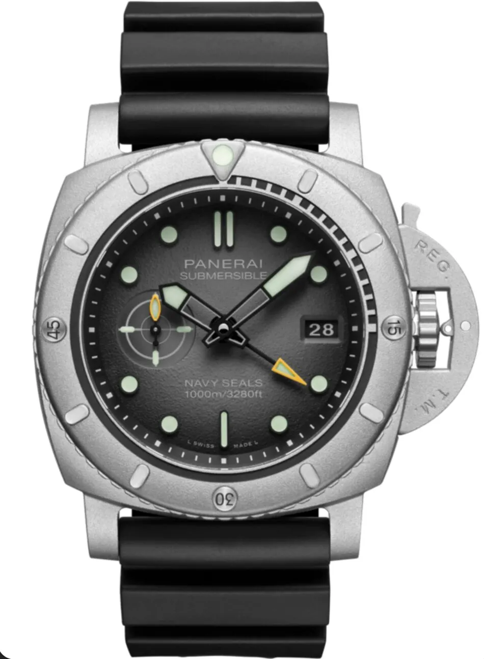 Panerai Submersible diver's watch with black dial and luminous markers, stainless steel case, and black strap.