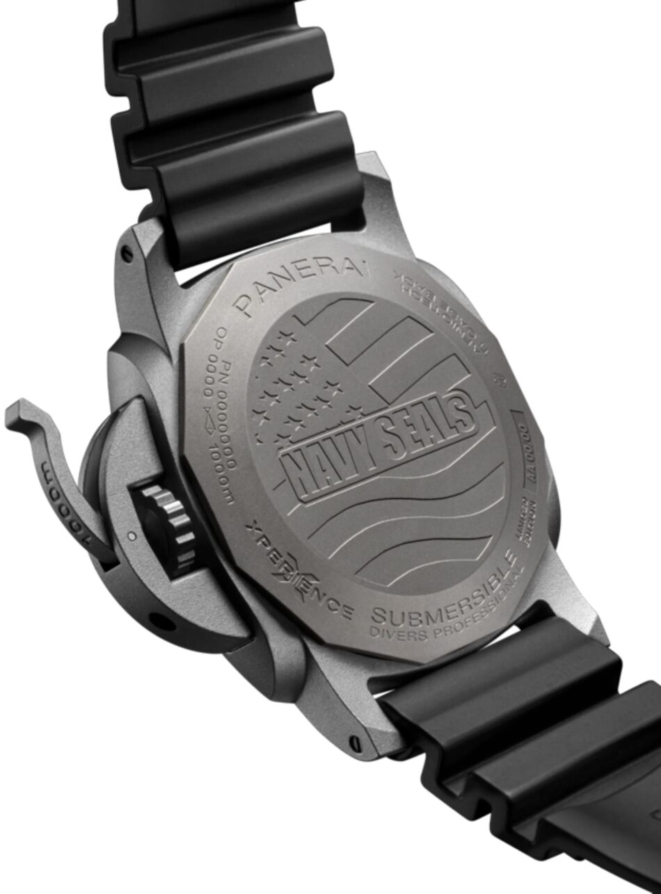 PAM01089 logo Watches World Close up of a Panerai Submersible watch back with engraving and a black rubber strap visible along the sides