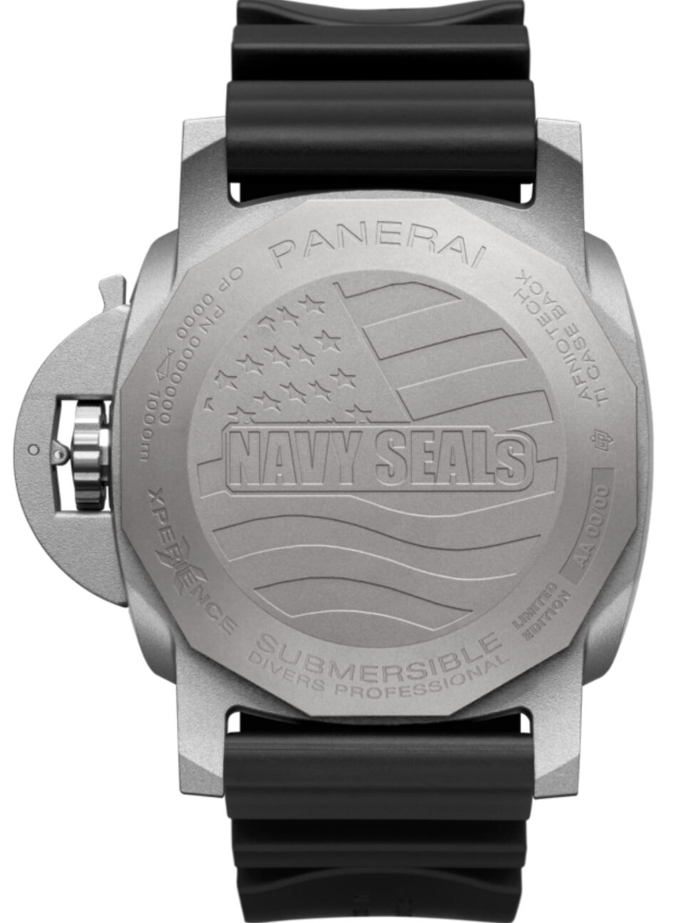 PAM01089BACK Watches World Panerai Submersible watch back stainless steel case with Navy SEALS engraving and black rubber strap