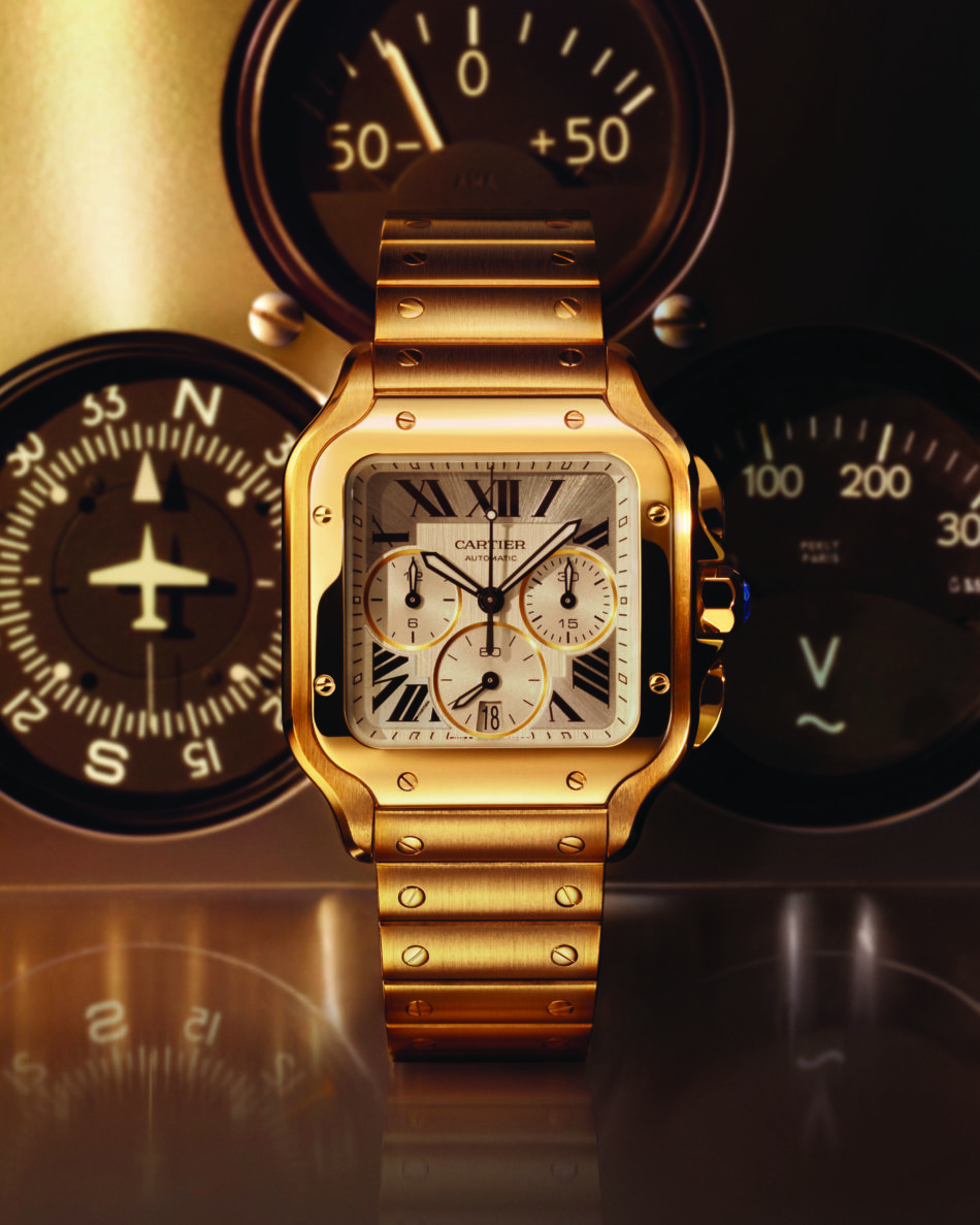SantosdeCartierCHRONOGRAPHGoldSTILLLIFEPress24x30 Watches World Santos de Cartier Chronograph