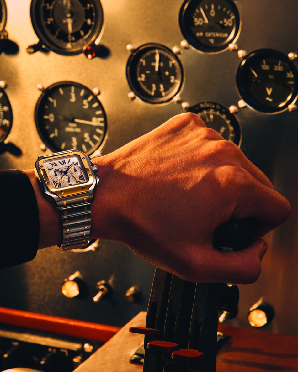 SantosdeCartierCHRONOGRAPHSteelGoldWORNPress24x30 Watches World Santos de Cartier Chronograph