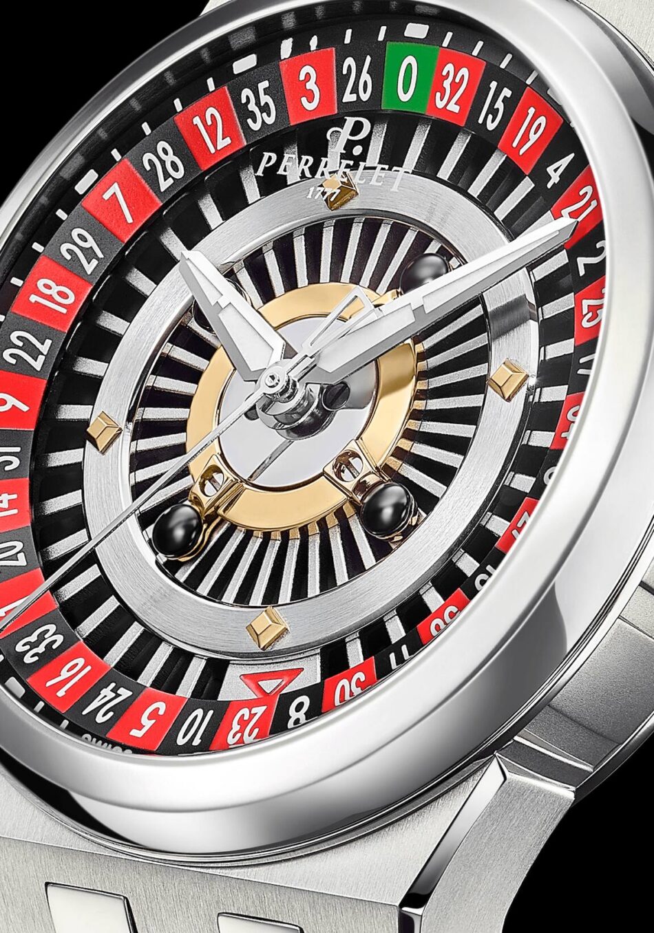 Perrelet Turbine Casino RouletteCARÁTULA Watches World Primer plano del Turbine Caisno roulette con una esfera inspirada en la ruleta números rojos y negros y detalles dorados en forma de engranajescon una esfera inspirada en la ruleta números rojos y negros y detalles dorados en forma de engranajes