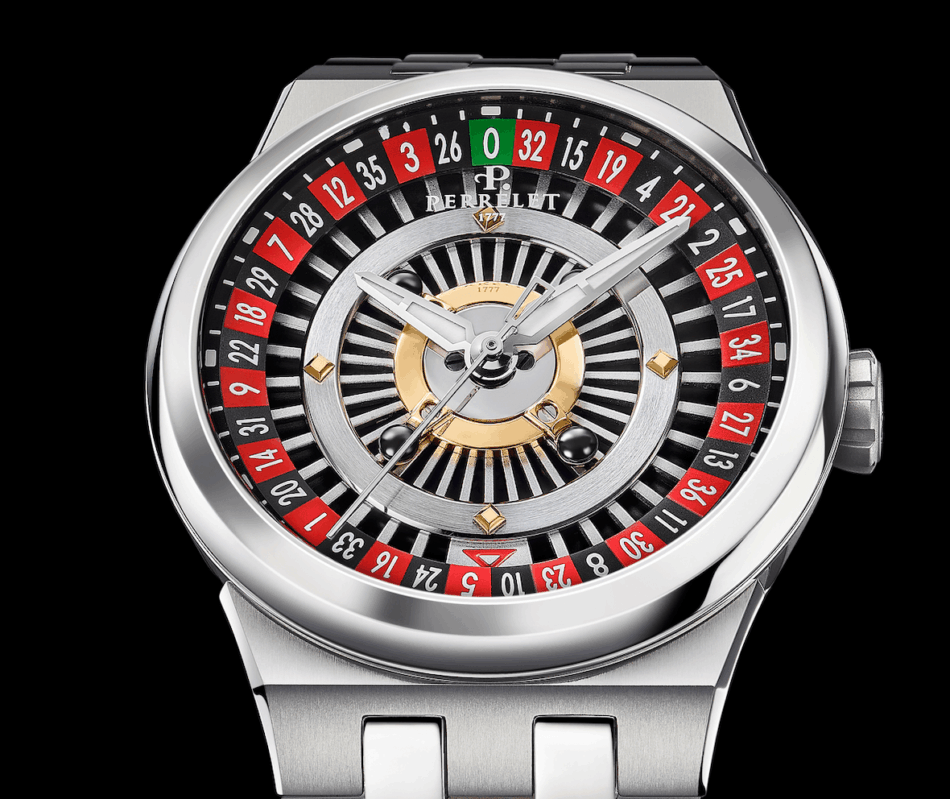 Perrelet Turbine Casino RouletteCARATULA COMPLETA1 Watches World Primer plano de un reloj de pulsera de lujo plateado con un bisel rojo y negro al estilo de la ruleta y engranajes internos visibles