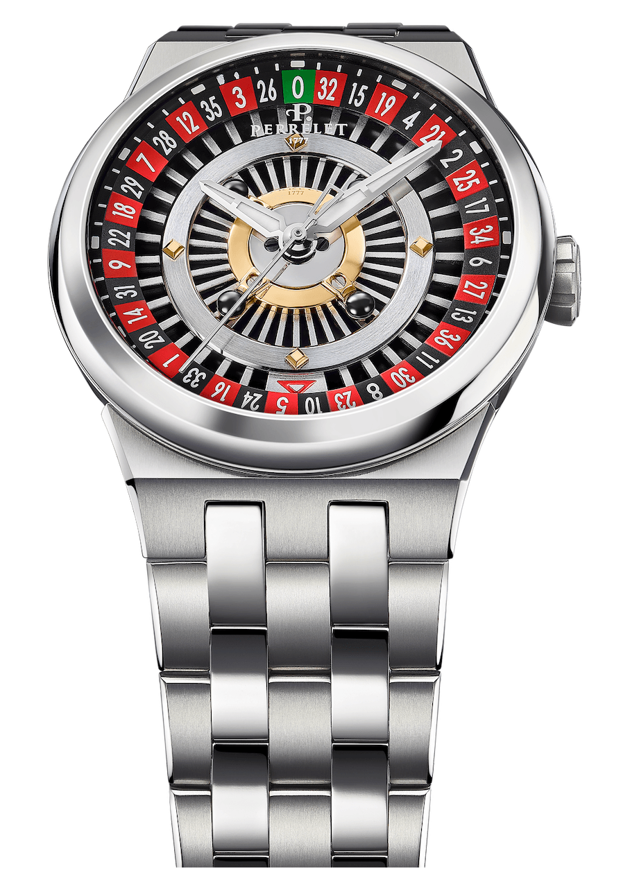 Perrelet Turbine Casino RouletteCOMPLETO BRAZALETE Watches World Reloj de pulsera de titanio con esfera estilo ruleta que presenta un anillo numerado en rojo y negro y agujas de aluminio y plata de Perrelet con brazalete de eslabones metálicos