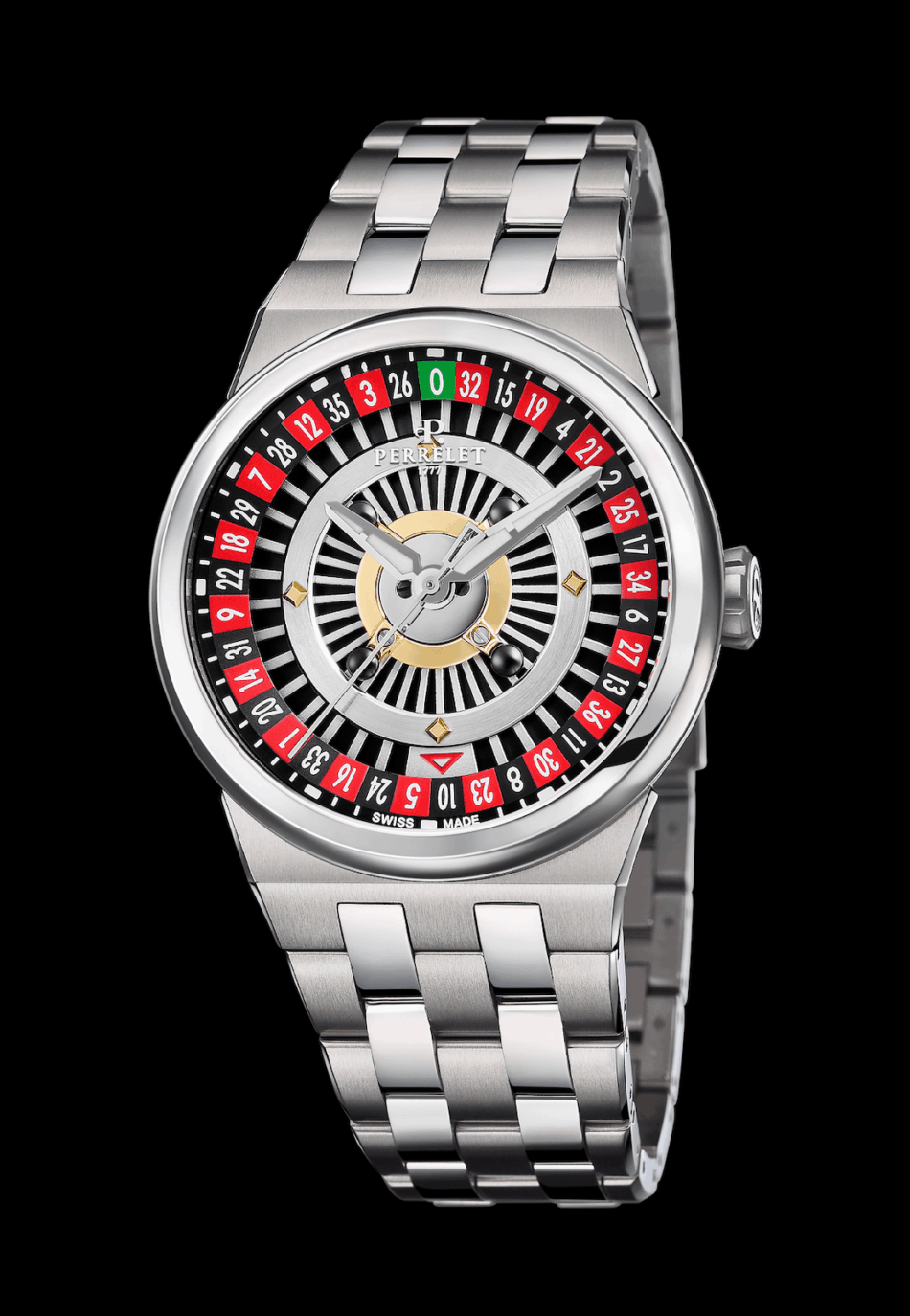 Perrelet Turbine Casino RouletteGALERIA BRAZALETE Watches World Perrelet stainless steel wristwatch with a multi layer dial and redblack numeral ring on a black background
