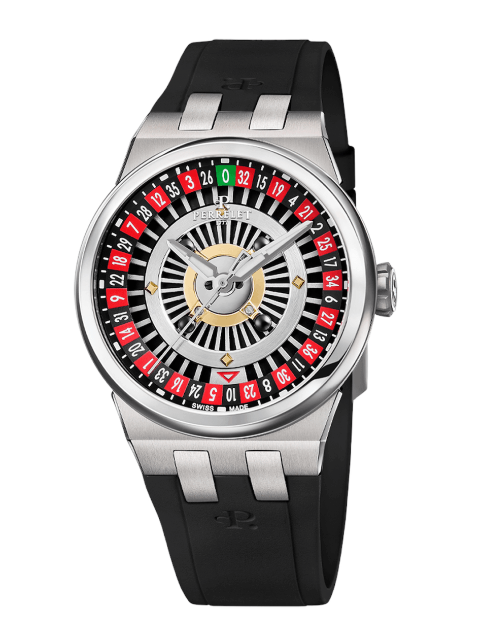 Perrelet Turbine Casino RouletteGALERIA CORREA DE CAURCHO Watches World con correa de caucho negro y caja de plata pulida que presenta una llamativa esfera circular con anillos numéricos rojos y negros y un mecanismo central de Perrelet