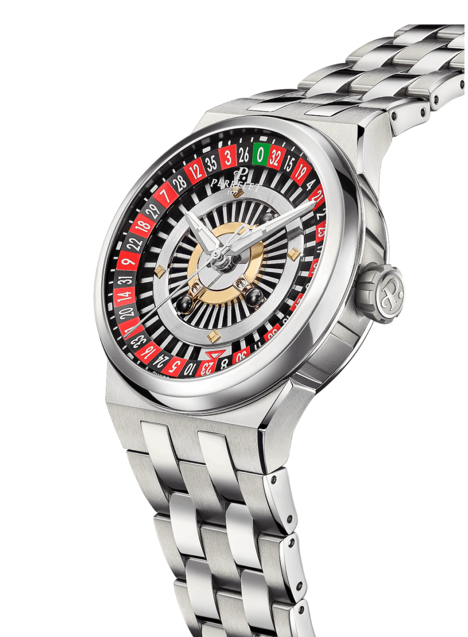 Perrelet Turbine Casino RouletteLADO Watches World Luxury stainless steel wristwatch with a multi ring dial and metal bracelet