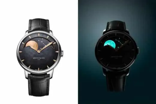 Pair of Arnold & Son moon-phase wristwatches; left has silver case with gold markers on a white background, right shows a black dial with turquoise moon on a dark gradient.