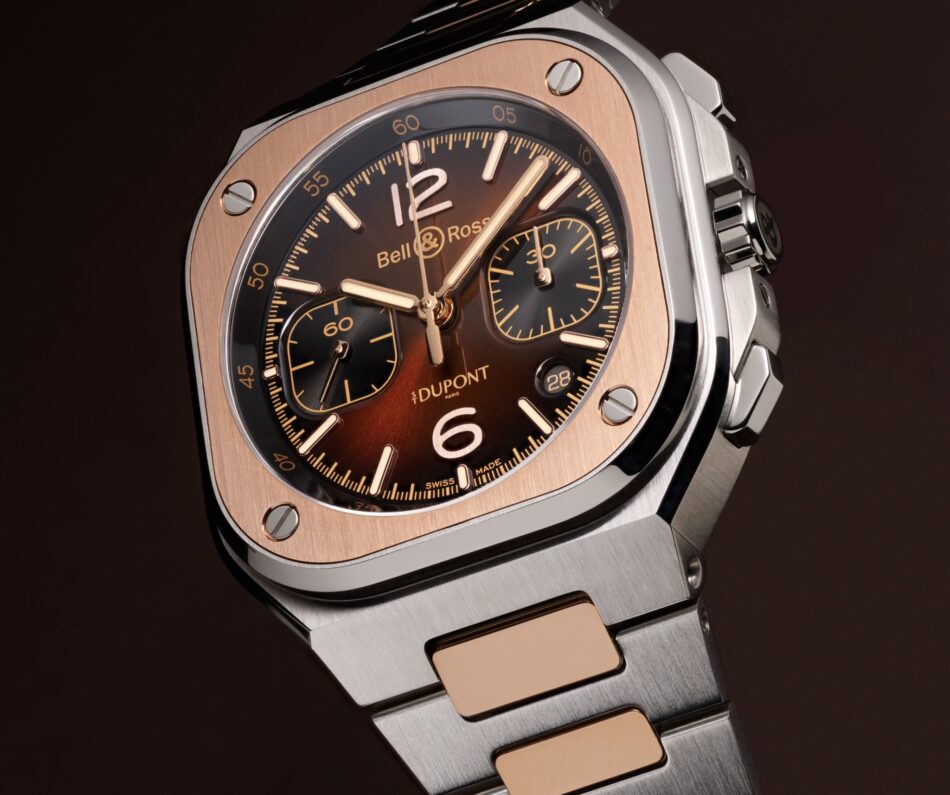 Bell Ross BR05 Chrono ST Dupont 4 Watches World Close up of a luxury two tone wristwatch with a bronze bezel brown dial and steel bracelet