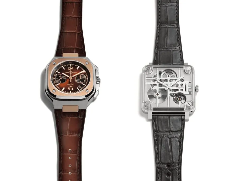 Two luxury watches side by side: left has a brown leather strap and bronze dial, right shows a square case with a transparent skeleton back and a black leather strap.