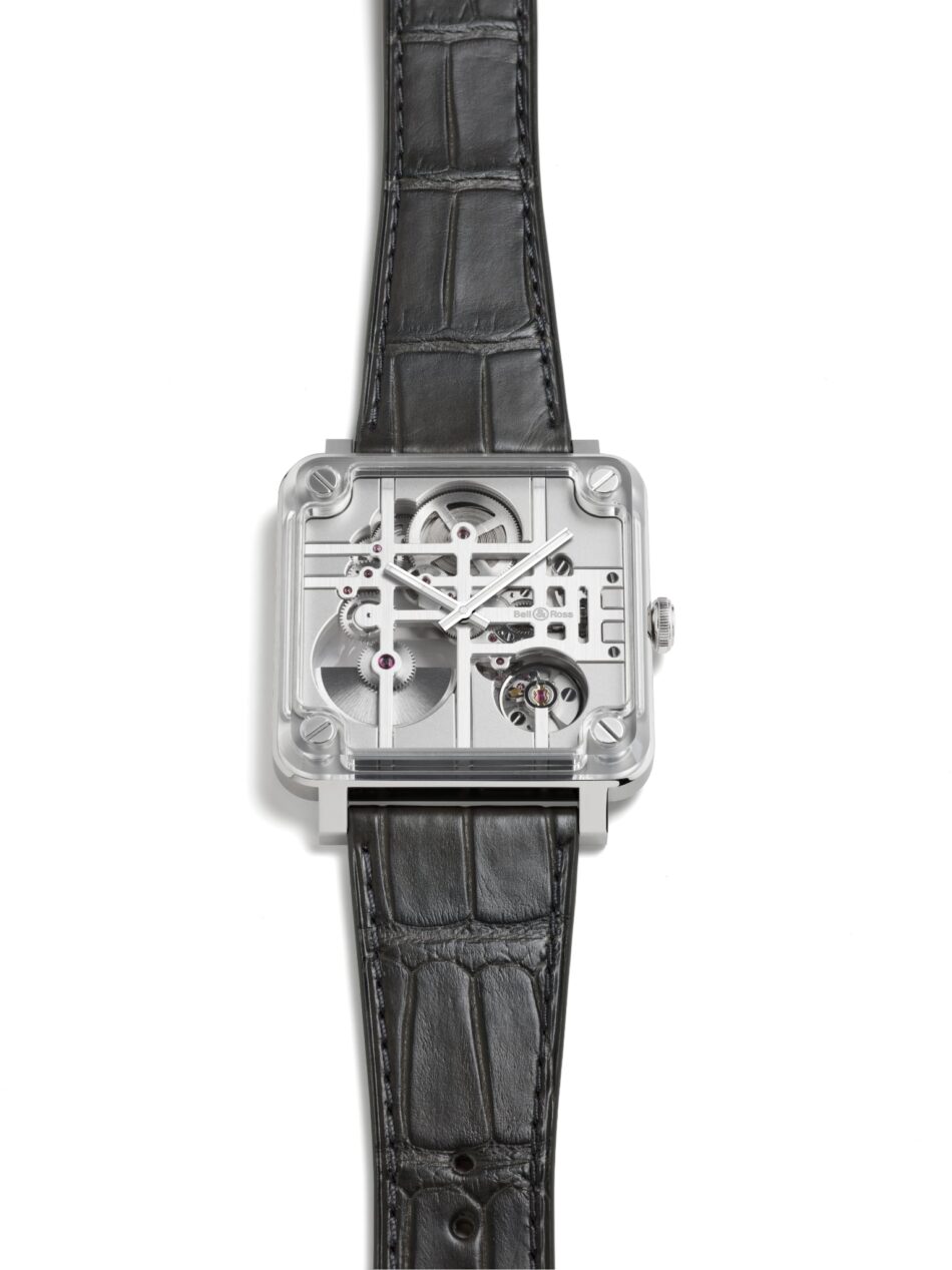 Bell Ross BRX3 MicroRotor 2 Watches World Bell Ross square skeleton watch with exposed gears on a black alligator embossed strap