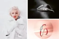 Collage: Marilyn Monroe con un abrigo de piel blanco a la izquierda, un reloj de diamantes sobre satén negro en la parte superior derecha y un reloj de diamantes con correa roja sobre un fondo color melocotón en la parte inferior derecha.