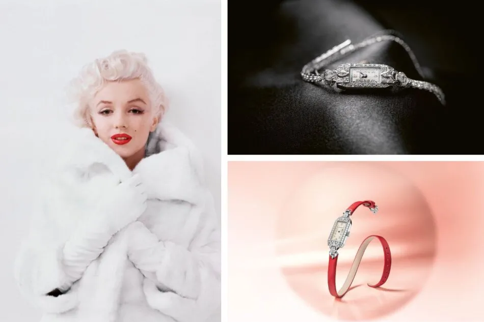 Collage: Marilyn Monroe con un abrigo de piel blanco a la izquierda, un reloj de diamantes sobre satén negro en la parte superior derecha y un reloj de diamantes con correa roja sobre un fondo color melocotón en la parte inferior derecha.