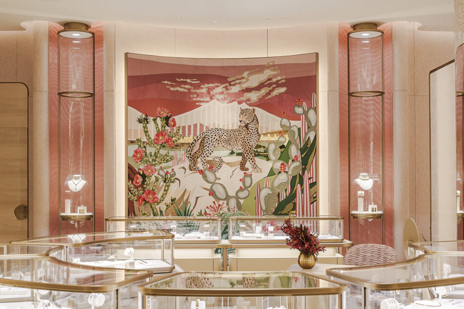 Boutique Cartier dentro de El Palacio de Hierro Monterrey 1 Watches World Boutique Cartier dentro de El Palacio de Hierro Monterrey Luxurious handbag boutique with curved glass display island and shelves of bags under warm lighting Luxurious jewelry store interior with glass display cases and a large colorful leopard tapestry centerpiece behind display stands