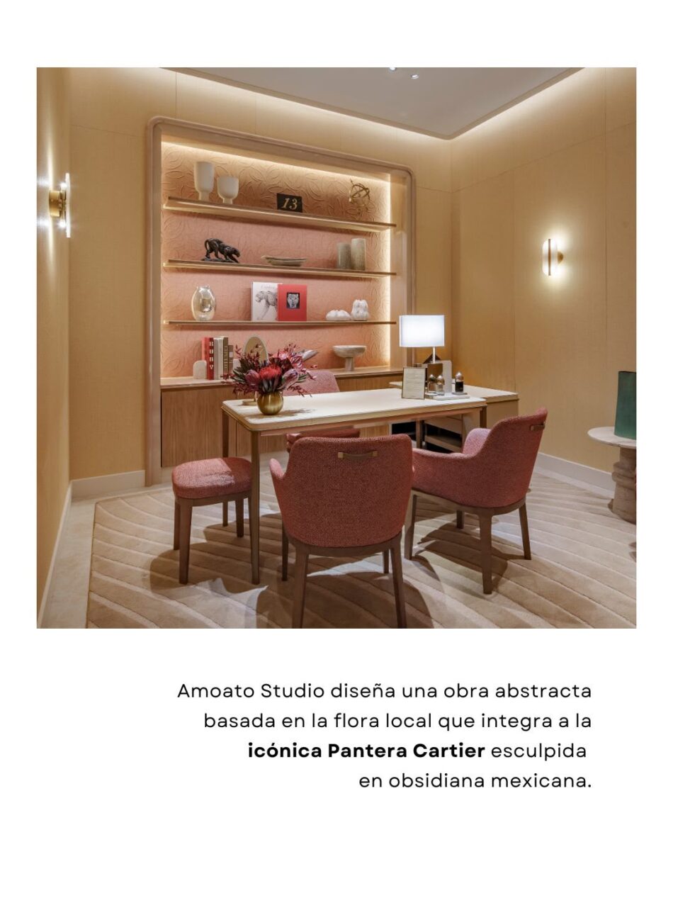 Boutique Cartier dentro de El Palacio de Hierro Monterrey 3 Watches World Warm beige reception area with a white desk pink upholstered chairs and illuminated builtin shelves displaying decorative items