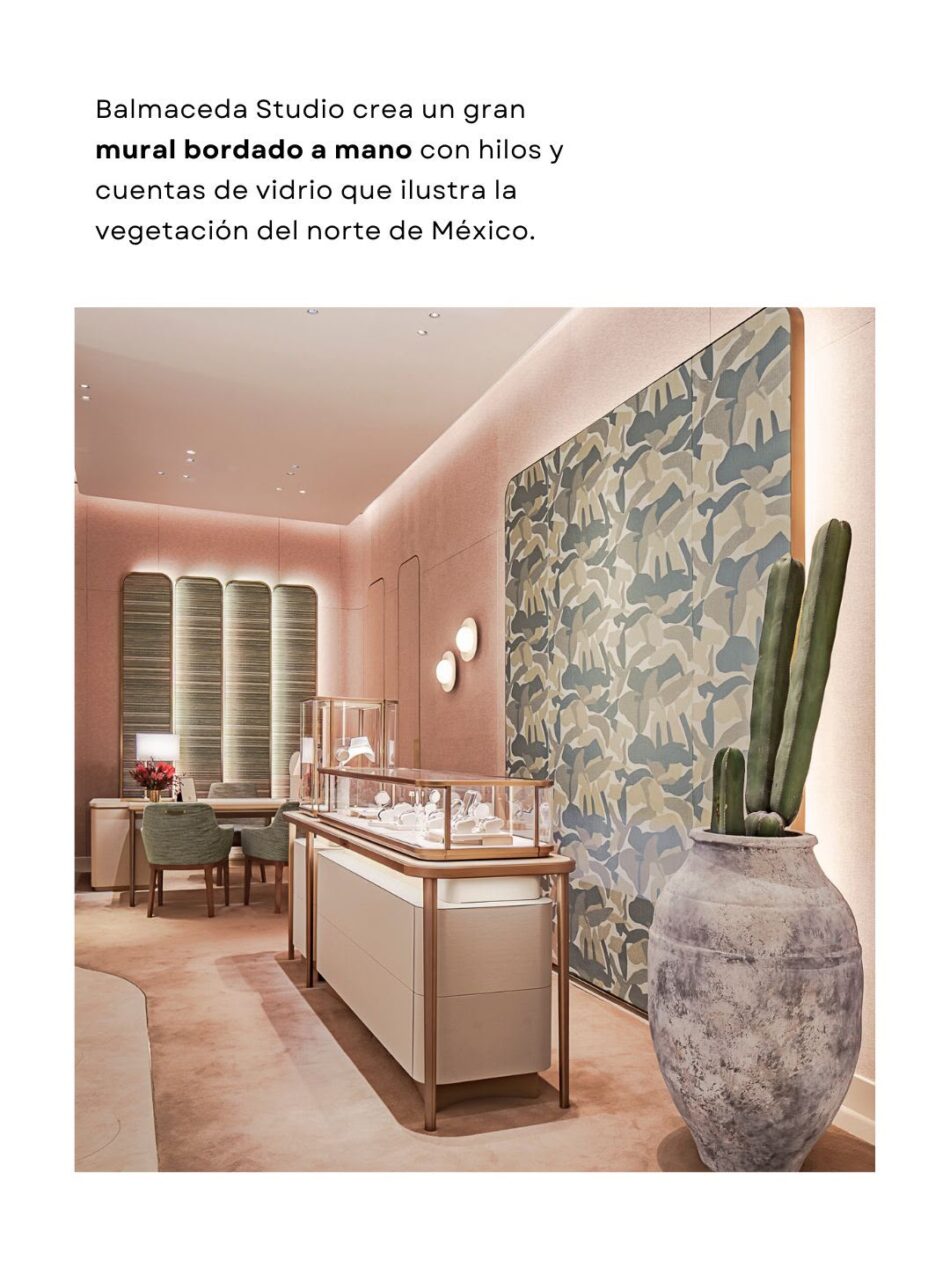 Boutique Cartier dentro de El Palacio de Hierro Monterrey 4 Watches World Elegant jewelry showroom interior with a glass display case blush pink walls and a tall cactus in a weathered pot