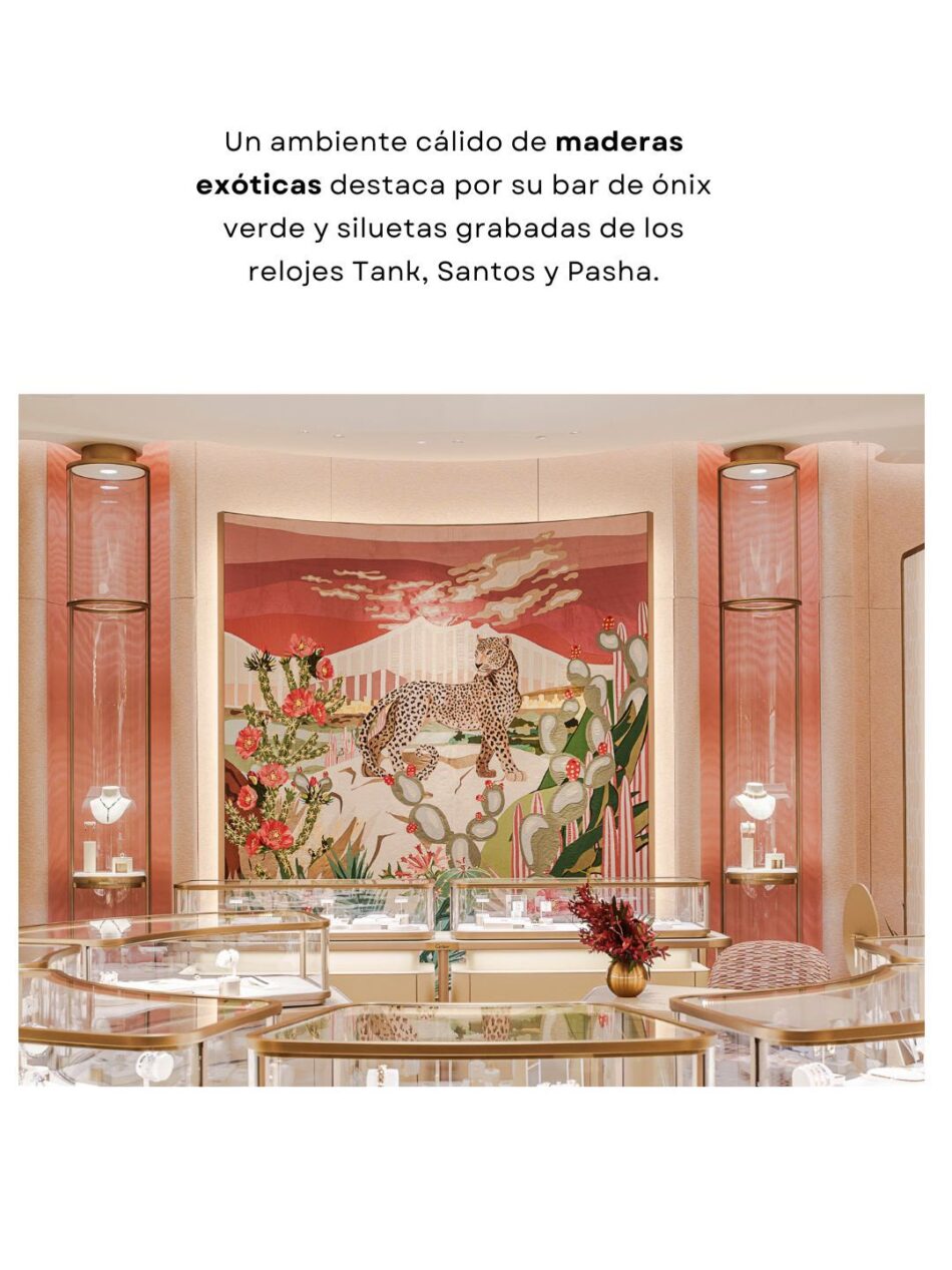 Boutique Cartier dentro de El Palacio de Hierro Monterrey 6 Watches World Interior de joyería elegante con vitrinas de vidrio paredes rosa y un mural colorido con un leopardo