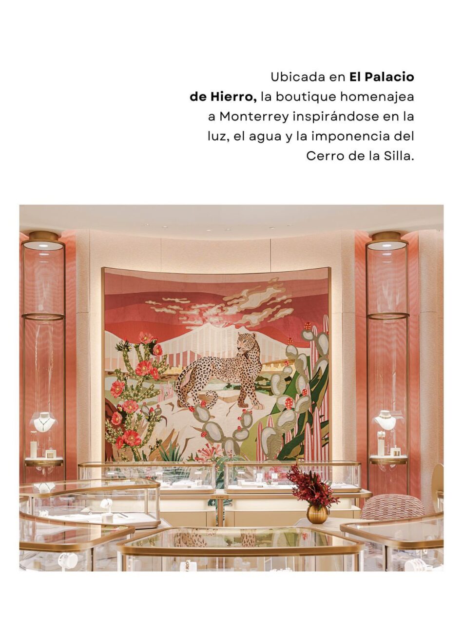 Boutique Cartier dentro de El Palacio de Hierro Monterrey2 Watches World Interior of a high end boutique with glass display cases and a large mural of a cheetah among cacti and flowers on pink walls