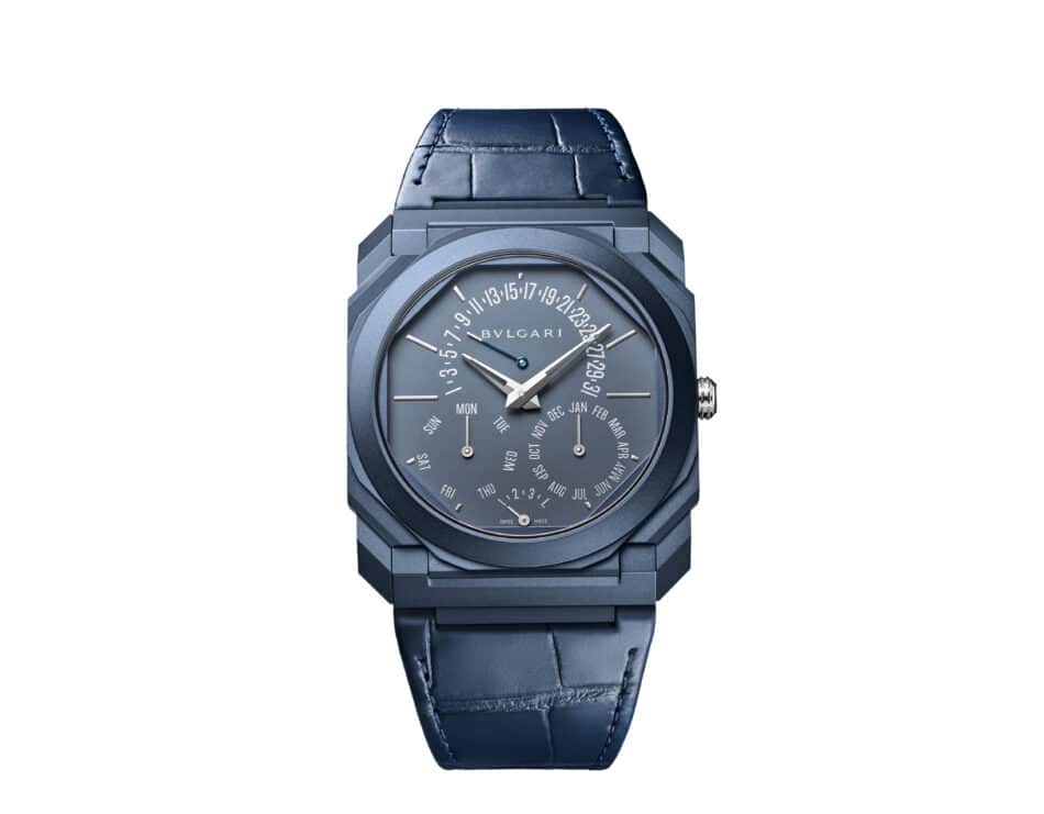 Bvlgari Octo Finissimo Perpetual Calendar Watches World Blue Bulgari wristwatch with a blue leather strap and a multi ring calendar dial showing days months and dates