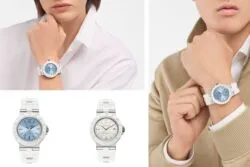 Collage de relojes BVLGARI: un reloj de pulsera metálico con esfera azul que luce una modelo con camisa blanca, además de otros dos relojes sobre un fondo blanco.
