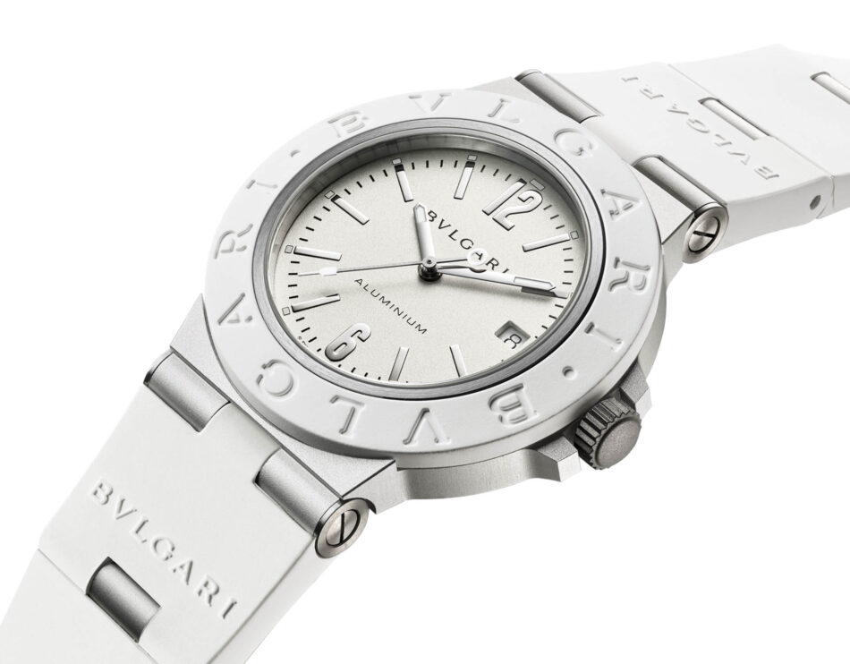Bvlgari Bvlgari Aluminium5 Watches World Close up of a white BVLGARI analog wristwatch with a silver dial and embossed logo on the bezel and strap