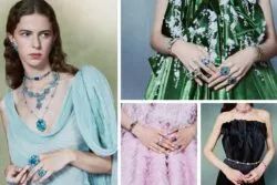 Collage showing four outfits with ornate blue, green, pink, and pink gemstone jewelry including necklaces, rings, and bracelets on models in teal, emerald, pastel pink, and black gowns.