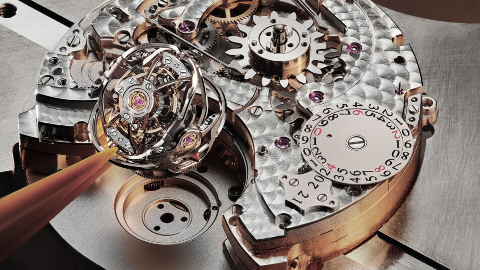 JaegerLeCoultre Duometre Heliotourbillon PerpetualCALIBRE 388 Watches World Close up of a mechanical watch movement with gears balance wheel and jewels